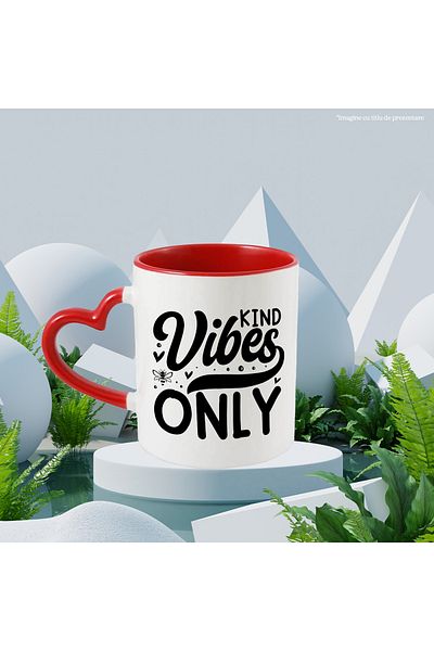 StoryGift Romania Mug with hearts and the text "Kind vibes only" - only good vibes help with Man, Cu, STG.