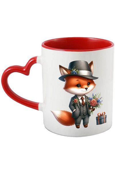 StoryGift Romania Mug with a fox in a suit, illustration, gift, bouquet of flowers, hat, but on, With, STG.