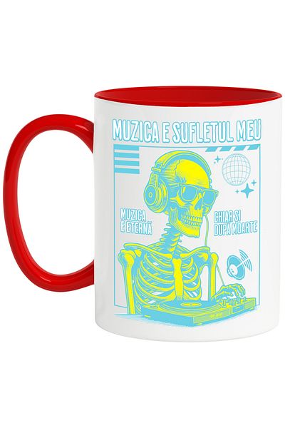 StoryGift Romania Skeletons DJ in the club Mug Music is my soul, 330ml, Ceramic with Red Handle, Cu Mane, STG.