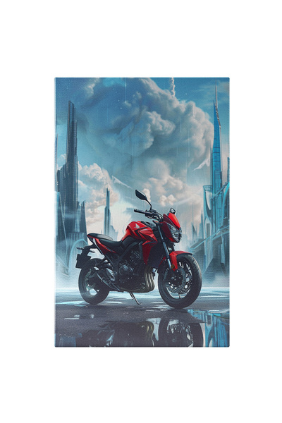 StoryGift Romania Tablou Canvas Rosia Motocicleta Asezata In Mijlocul Drumului Cu Cladirile Inalte Si Nori Pufos