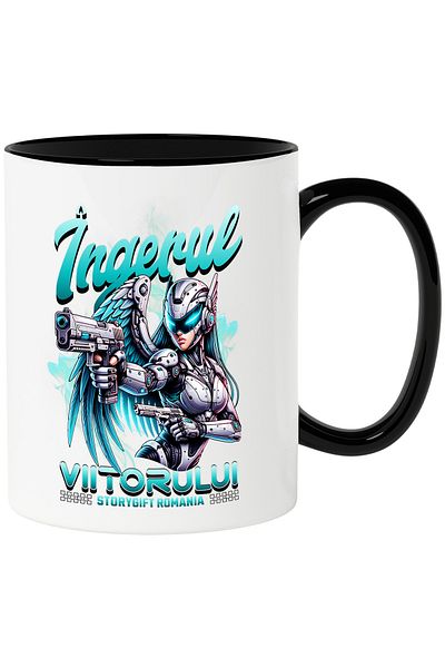 StoryGift Romania Mug Robot Warrior Woman Angel of the Future, 330ml, Ceramic with Black Handle, With M,STG.