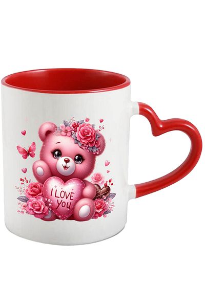 StoryGift Romania Mug with a teddy bear holding a heart with the message "I love you" | illustrated, With ,STG.