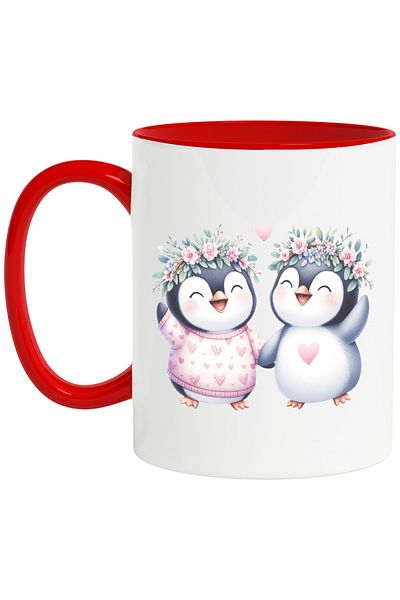 StoryGift Romania Mug with 2 penguins, illustration, cheerful, flower crowns, hearts, friendship, With,STG.