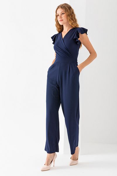 GİYSA Women's Double Breasted Collar Short Sleeve Belted Jumpsuit Navy Blue - 6020