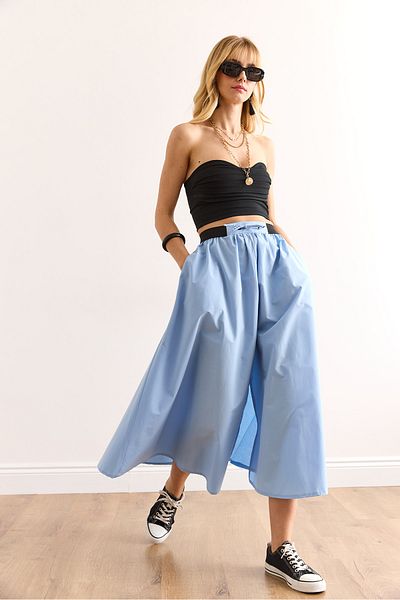 Olalook Women's Blue Black Banded Front Slit Lace up Midi Bell Skirt Etk-19000321