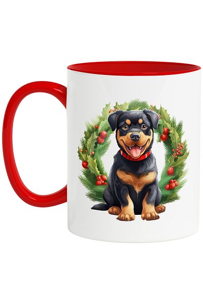 StoryGift Romania Mug with a Rottweiler puppy, illustration, joy, illustration, celebration, wreath, With,STG.
