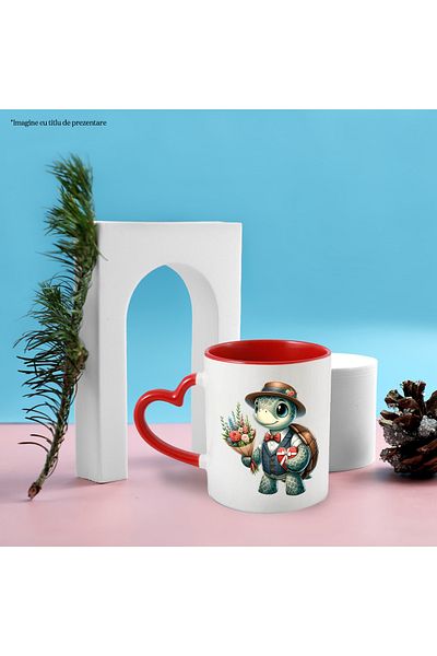 StoryGift Romania Mug with a turtle holding a bouquet of flowers and a gift | illustration, With ,STG.