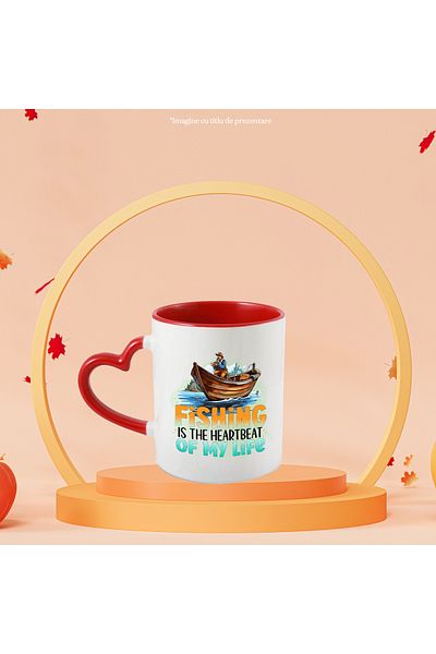 StoryGift Romania Mug with fisherman in boat with the message "Fishing is the heartbeat of my life", illustr., With ,STG.