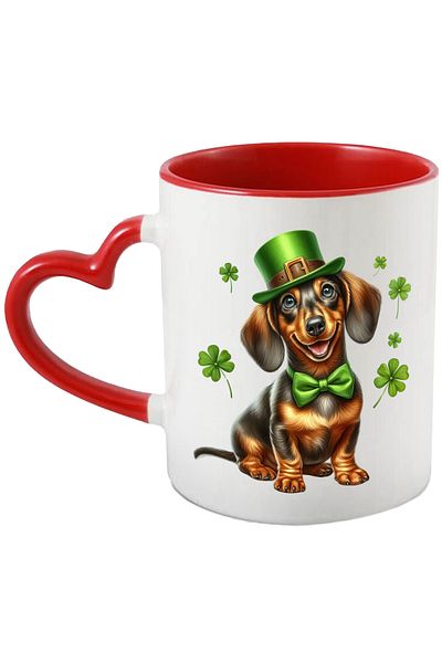 StoryGift Romania Mug with a happy Dackshund puppy | illustration | green hat | clover with pa, With, STG.