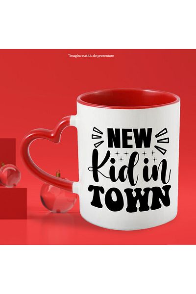 StoryGift Romania Mug for the new baby with the message in English "New kid in town" with Heart Handle Ro, Cu, STG