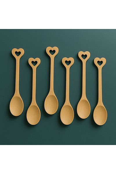 BuMeria Wooden Bamboo Heart Patterned Small Spoon Set of 6 Teaspoons, Jam Spoon