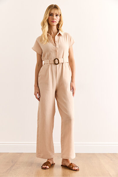 Olalook Women's Beige Belted Pocket Muslin Jumpsuit Tlm-19000160