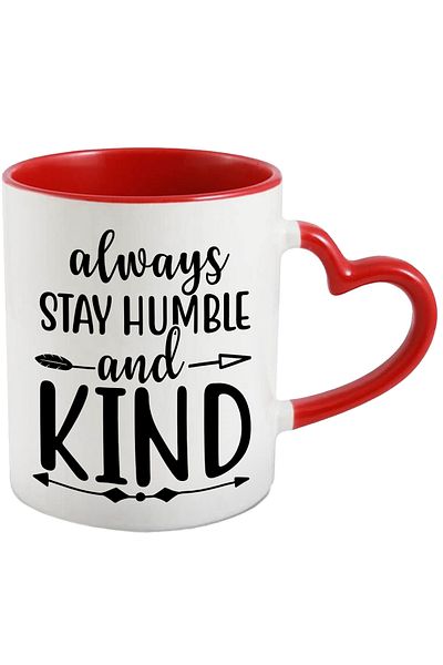 StoryGift Romania Mug with a message that urges you to remain modest and kind to everyone with a Heart Handle, with STG.