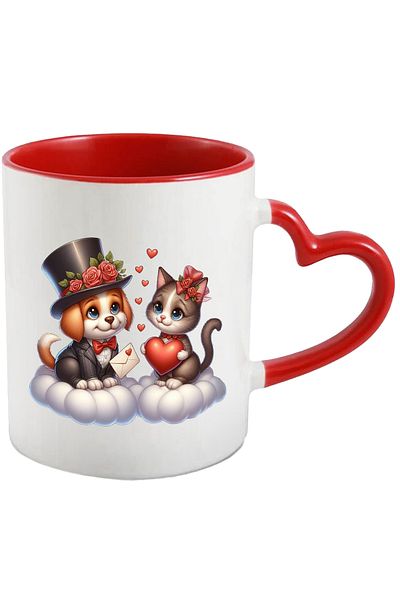 StoryGift Romania Mug with a kitten and a puppy sitting on clouds | illustration | hearts | , With ,STG.