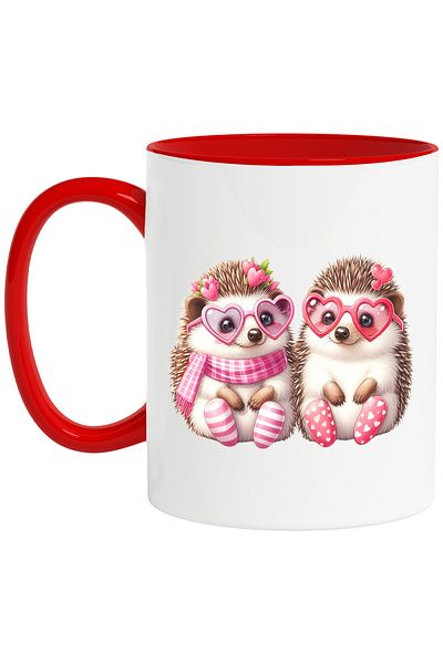 StoryGift Romania Mug with 2 cheerful hedgehogs, illustration, emotions, friendship, glasses, hearts, Vale, Cu, STG.