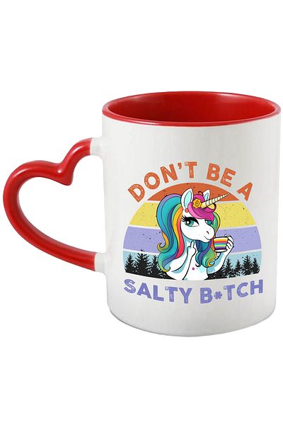 StoryGift Romania Mug with a unicorn showing an obscene sign with the message "Don't be a salty b*tch", With ,STG .