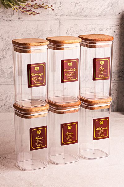Snippy Boxy - Set of 6 Wooden Vacuum Lids and Labeled Spice Jars 350 ml - Food Storage Container Set