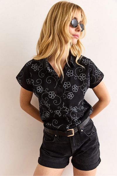 Olalook Women's Ivy Black Patterned Linen Bat Shirt Gml-19001129