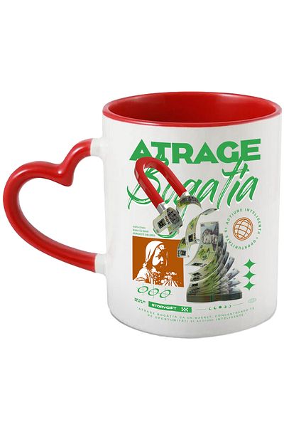 StoryGift Romania Mug Attracts Wealth - Opportunity and Action, 330ml, Ceramic with Heart Handle Ro, With, STG.
