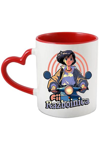 StoryGift Romania Anime style girl on scooter mug with text be a warrior, 330ml, Ceramic with Ini Handle, With,STG.