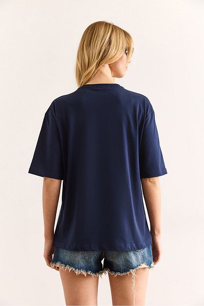 Olalook Women's Navy Blue Heart Stone Printed Regular Fit Cotton T-Shirt Tsh-19000908