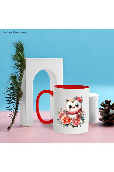 StoryGift Romania Mug with a cute owl, illustration, colorful flowers, blushing, emotions, pla, With,STG.