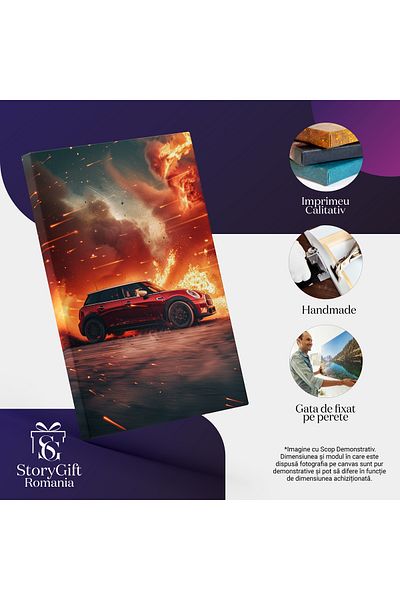 StoryGift Romania Tablou Canvas Explozie Puternica Si Foc Langa Masina Rosie Care Merge Cu Viteza Sa Se Fereasca