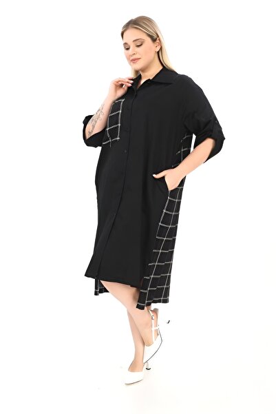 Novinka Large Size Black Checkered Patterned Loose Dress