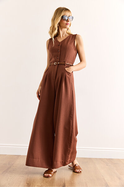 Olalook Women's Brown Buttoned Pocket Belted Wide Leg Jumpsuit Tlm-19000157