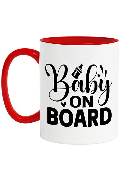 StoryGift Romania Mug with illustration showing a baby bottle and the text "Baby on board", with STG.