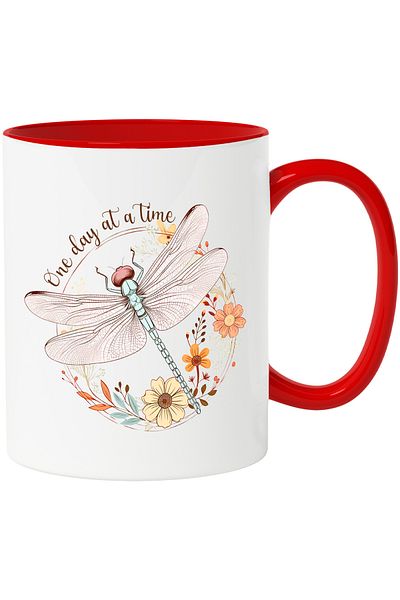 StoryGift Romania Dragonfly mug surrounded by flowers with the message "One day at a time", patience, With,STG.