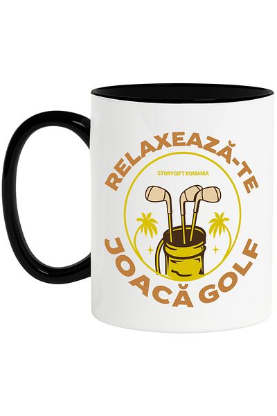 StoryGift Romania Golf Clubs Mug, text RELAX PLAY GOLF, 330ml, Ceramic with Black Handle, With ,STG.