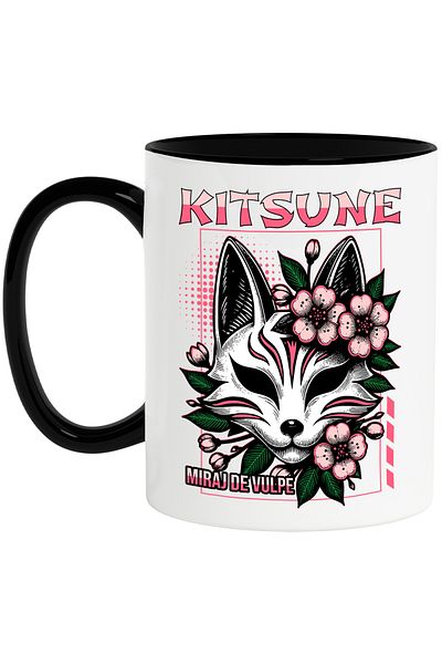 StoryGift Romania Traditional Japanese Kitsune Mask Mug, Fox Mirage, 330ml, Ceramic with Handle, With,STG.