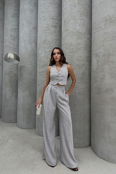 Bliss Women's Gray Linen Top and Bottom Set – Wide Leg Pants & Vest
