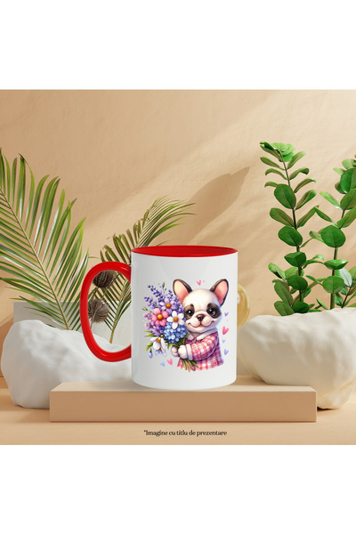 StoryGift Romania Mug with a happy puppy holding a bouquet of flowers | illustration | but for , With ,STG .