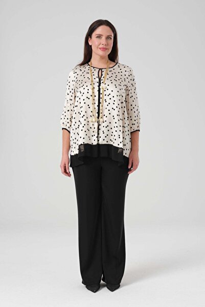 Gemko Polka Dot Satin Blouse Necklace Accessory Trousers Suit - Bone