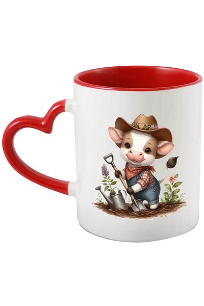 StoryGift Romania Mug with a digging cow | watering can | illustration | plants | flowers | tre, Cu,STG.