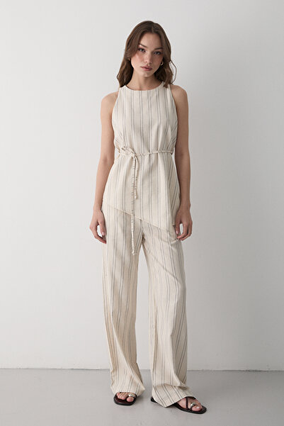 JASTE Kadın Bej Bisiklet Yaka Çizgili Yelekli Kuşaklı Alt & Üst Takım