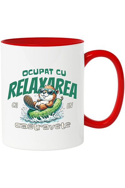 StoryGift Romania Mug busy relaxing like a cucumber, 330ml, Ceramic with Red Handle, With Red Handle, STG.