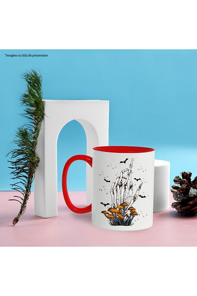 StoryGift Romania Mug with a handful of skeletons coming out of the ground, illustration, mushrooms, bats, , With ,STG