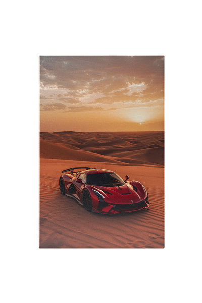 StoryGift Romania Tablou Canvas: Mașina Roșie De Lux Luminată De Razele Pâlpăinde Ale Apusului În Deșsert Pictura