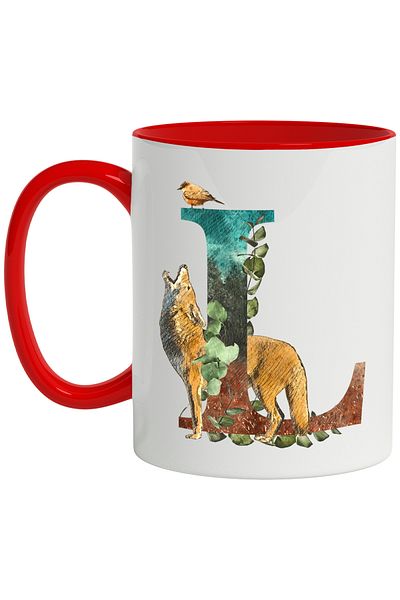 StoryGift Romania Mug With Letter, L, Wolf, Bird, Leaves, Multicolor 330 ml, Ceramic with Red Handle, With ,STG.