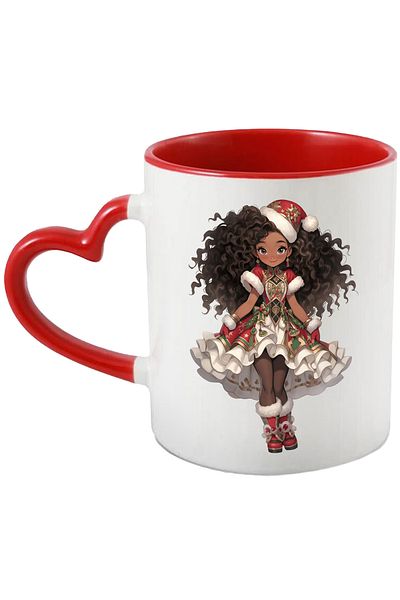 StoryGift Romania Mug with a cute little Afro girl | illustration | Christmas hat | red dress, With ,STG.