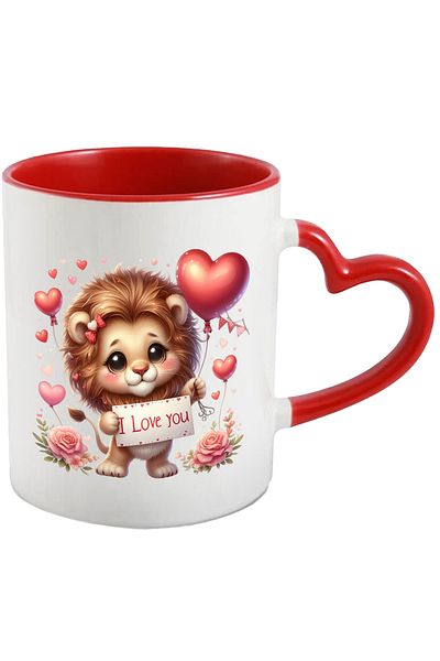 StoryGift Romania Mug with a lion cub holding a balloon with the message "I love you", love, affection, With,STG.