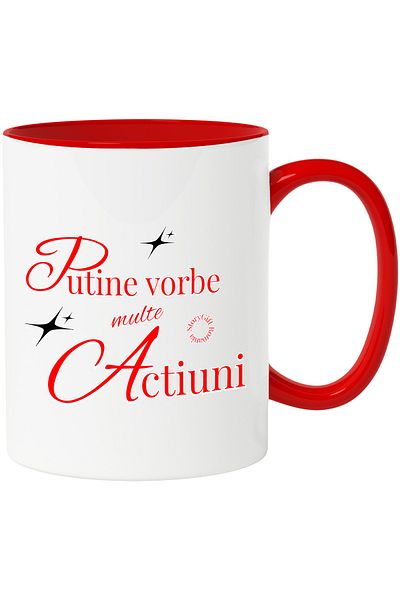 StoryGift Romania Motivational Text Mug Few Words Many Actions, 330ml, Ceramic with Red Handle, With M,STG.