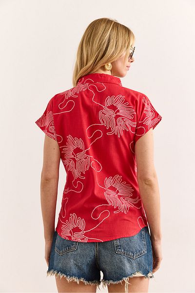 Olalook Women's Chain Red Patterned Linen Bat Shirt Gml-19001129
