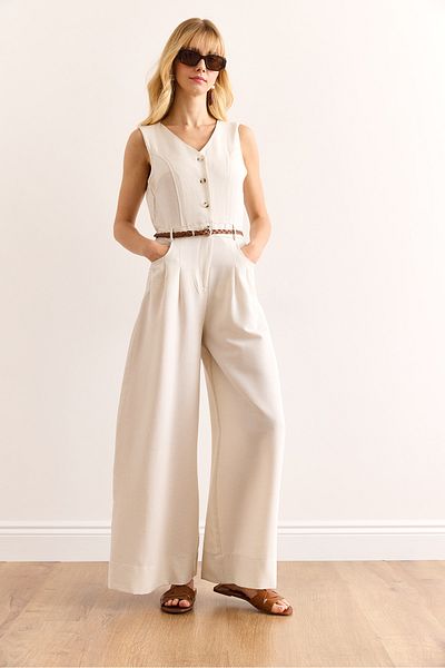 Olalook Women's Stone Buttoned Pocket Belted Wide Leg Jumpsuit Tlm-19000157