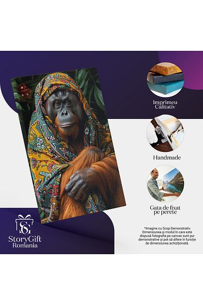 StoryGift Romania Tablou Canvas Bunica Maimuta cu Ochii Caprui si Parul Portocaliu cu Esarfa Portocalie si Model