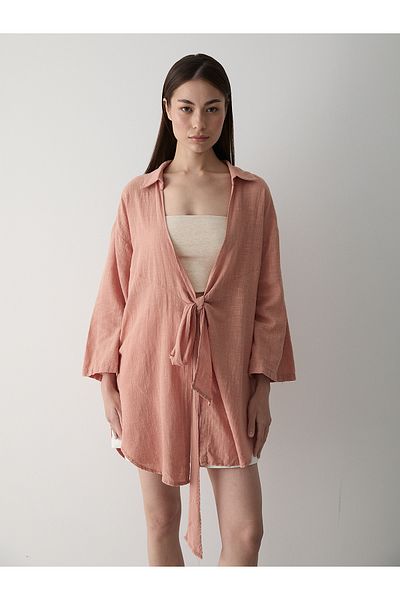 Laluvia Salmon Flam Linen Kimono Shirt