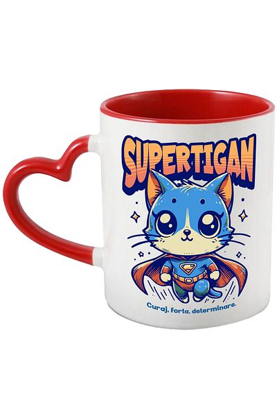 StoryGift Romania Super Tigan Mug, Superhero, Flying Cat, 330ml, Ceramic with Red Heart Handle, With,STG.